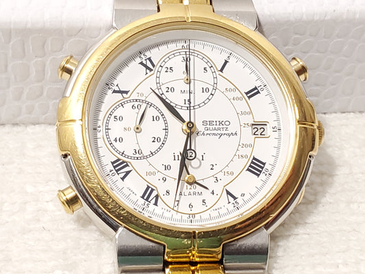 Vintage Seiko Chronograph Alarm Date Men's Watch White Dial Roman Numerals
