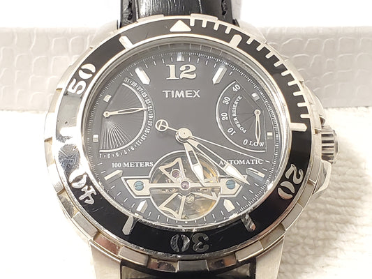Vintage Timex Automatic Power Reserve Date Men's Black Dial Watch Leather Strap