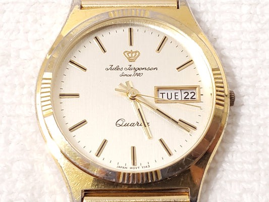 Vintage Jules Jurgensen Men's Gold Tone Day Date Quartz Watch Stainless Steel