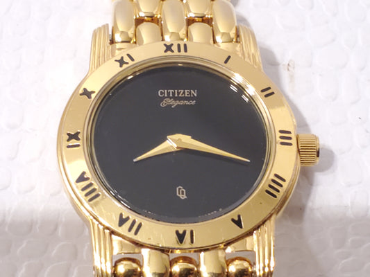 Vintage Citizen CQ Womens Quartz Watch Gold Tone Black Dial Roman Numerals Bezel