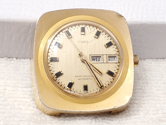 Vintage Timex Automatic Mens Day Date Watch Gold Tone Stainless Steel Base Metal