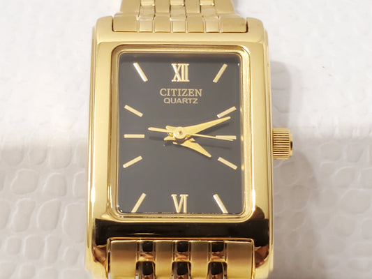 Vintage Citizen Women's Tank Watch Gold Plated Tone Black Dial Roman Numerals