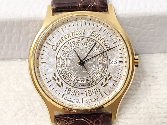 Vintage Hamilton Men's Date Watch Gold Plated 7 Jewels Silver Dial Leather Strap