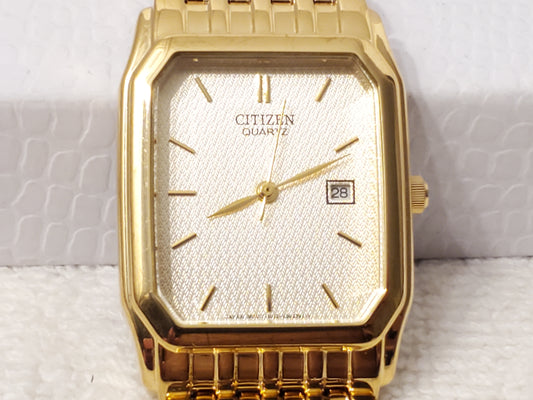 Vintage Citizen Men's Gold Tone Quartz Date Watch Base Metal Stainless Steel WR