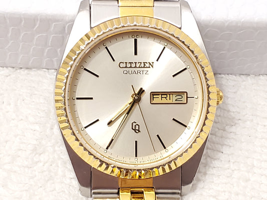 Vintage Citizen CQ Men's Day Date Presidential Watch Stainless Steel Gold Tone