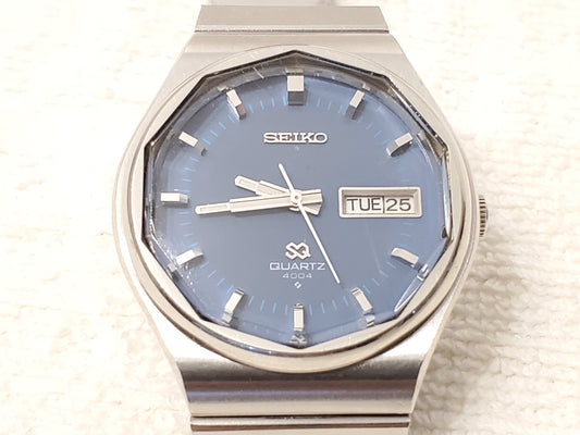 Vintage Seiko 4004 Quartz Blue Dial Men's Watch Stainless Steel Day Date Octagon