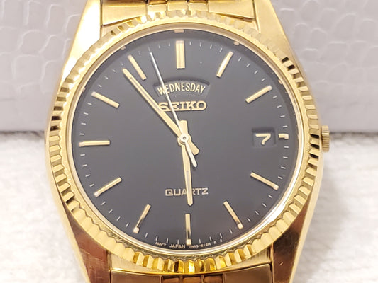 Vintage Seiko Presidential Men's Day Date Gold Tone Watch Black Dial One Jewel