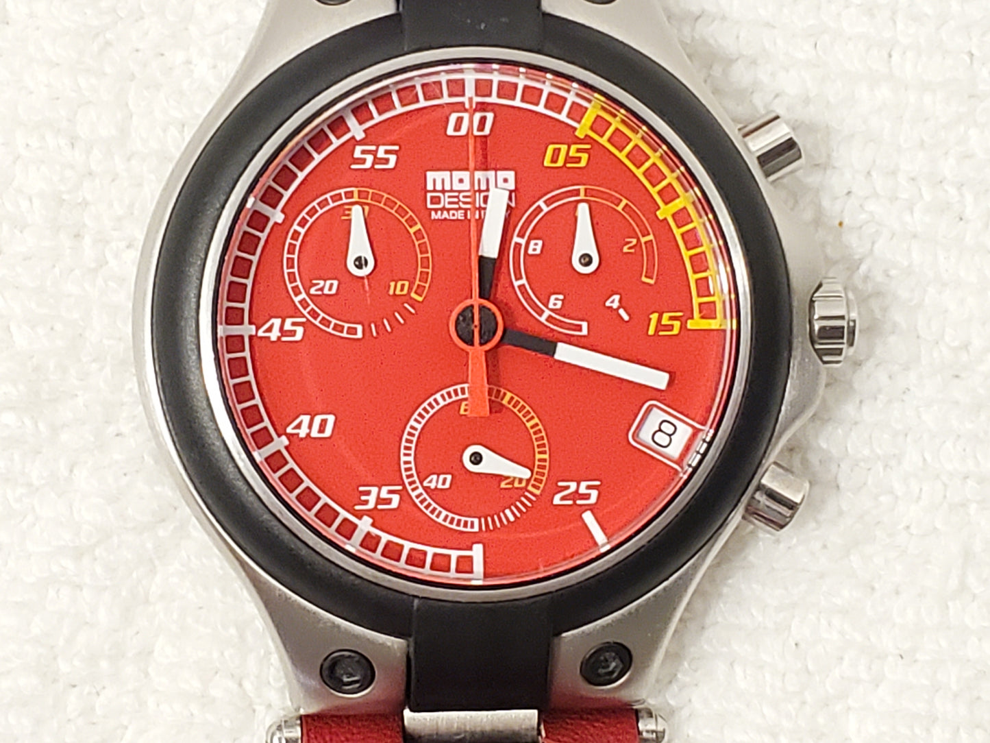Vintage Momo Design Speed Men's Red Chronograph Date Swiss Watch Leather Band SS