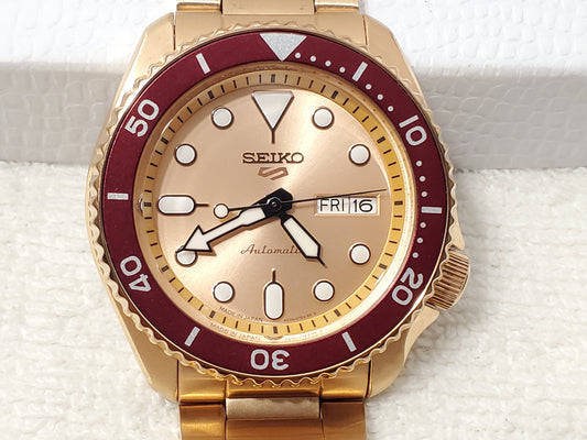 Seiko 5 Sports Mens Automatic Rose Gold Stainless Steel Watch 24 Jewels Day Date