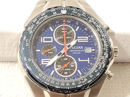 Vintage Pulsar by Seiko Men's Stainless Steel Chronograph Date Watch Blue Dial