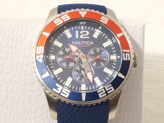 Nautica Red Blue Bezel Men's Day Date Quartz Watch Stainless Steel WR 100 Meters