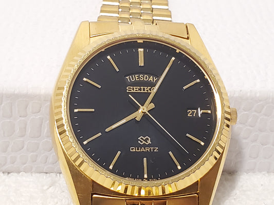 Vintage Seiko SQ Presidential Men's Day Date Watch Gold Tone Black Dial 1 Jewel
