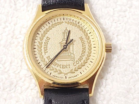 Vintage Hamilton Art Craft Women's Gold Plated Watch Seven Jewels Black Leather