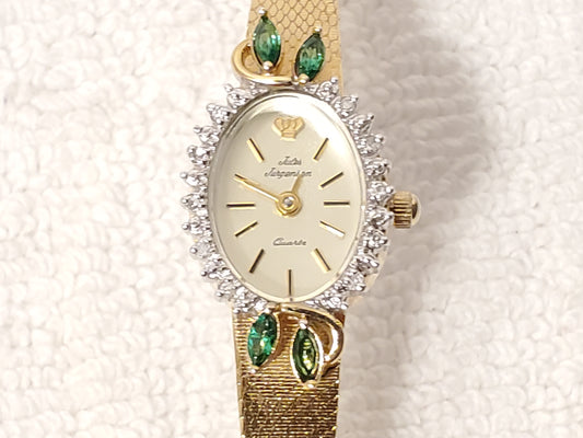 Vintage Jules Jurgensen Women's Gold Tone Watch 1 Jewel Diamonds Bezel Emerald