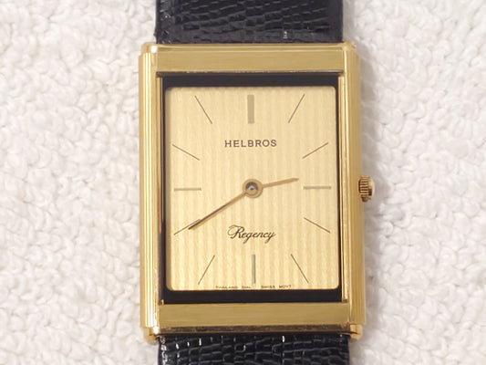 Vintage Helbros Regency Swiss Men's Gold Plated Tank Watch 6 Jewels Leather Band