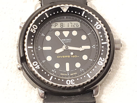 Vintage Seiko Diver's 150 Men's Black Analog Digital Watch Alarm Chronograph