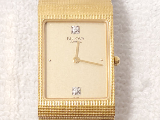 Vintage Bulova Women's Tank Gold Tone Plated Watch Two Diamonds Six Jewels Steel