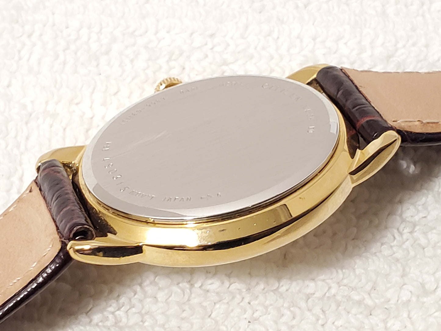 Vintage Citizen Unisex Day Date Month Gold Plated Quartz Watch Brown Leather