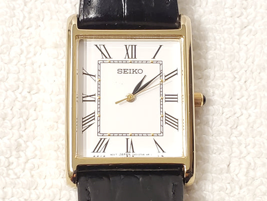 Vintage Seiko Men's Gold Tone Tank Watch White Dial Roman Numerals Leather Strap