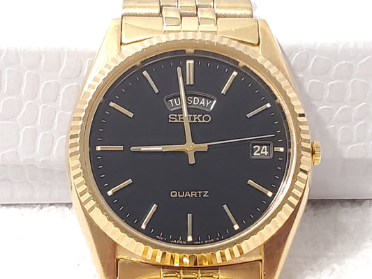 Vintage Seiko Men's Gold Tone Presidential Day Date Watch Black Dial S Steel