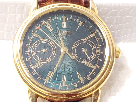 Vintage Citizen Green Dial  Month Day Date Watch Roman Numerals Leather Gold Men