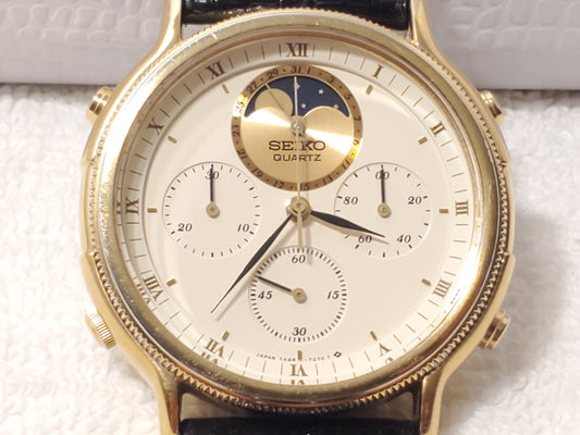 Vintage Seiko Moonphase Chronograph Men's Watch Roman Numerals 15 Jewels Gold
