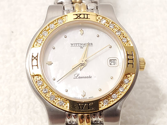 Wittnauer Laureate Women's Date Watch Mother Pearl Dial 7 Jewels Gold Diamonds