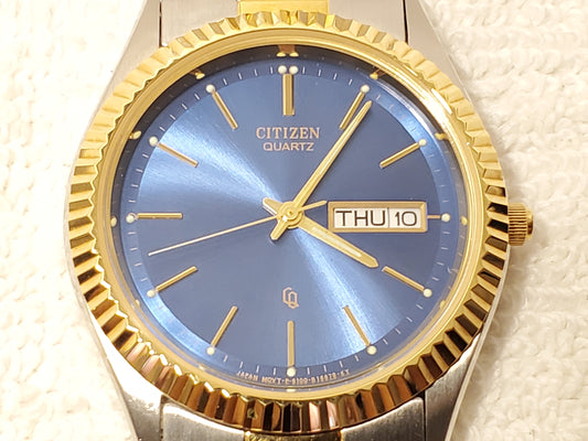 Vintage Citizen CQ Presidental Mens Day Date Quartz Watch Gold Tone Blue Dial SS
