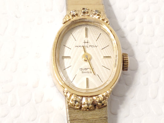 Vintage Hamilton Swiss Quartz Womens Watch Six Diamonds Bezel Four Jewels 10K GP