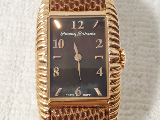 Tommy Bahama Women's Rose Gold Tone Watch Brown MOP Dial Leather 4 Jewels Swiss