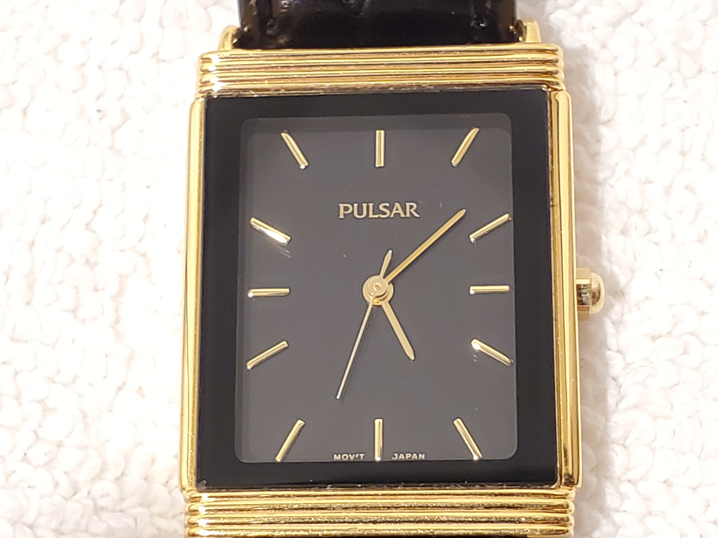 Vintage Pulsar by Seiko Women's Tank Gold Tone Watch Black Dial Leather Strap SS