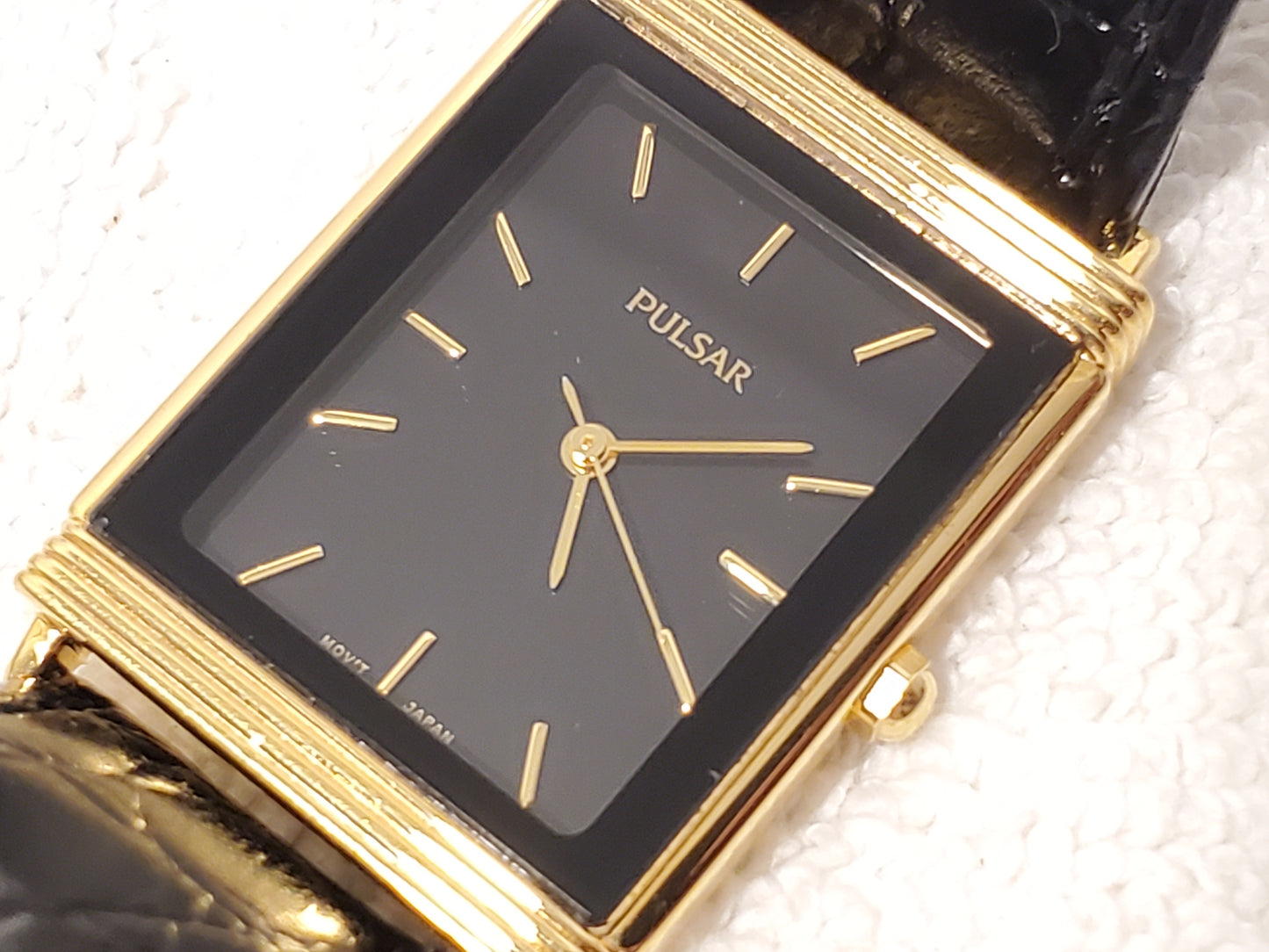Vintage Pulsar by Seiko Women's Tank Gold Tone Watch Black Dial Leather Strap SS