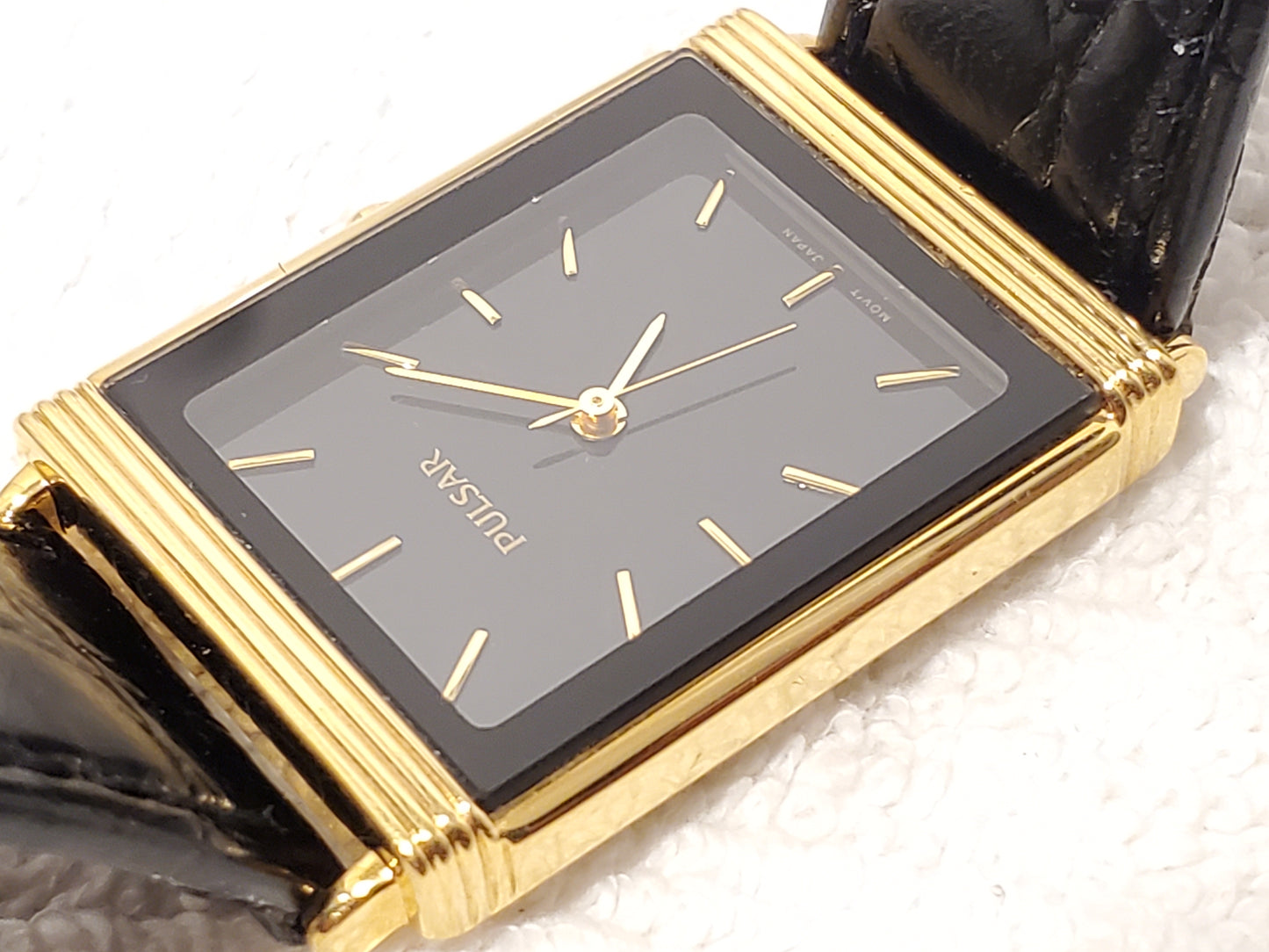 Vintage Pulsar by Seiko Women's Tank Gold Tone Watch Black Dial Leather Strap SS