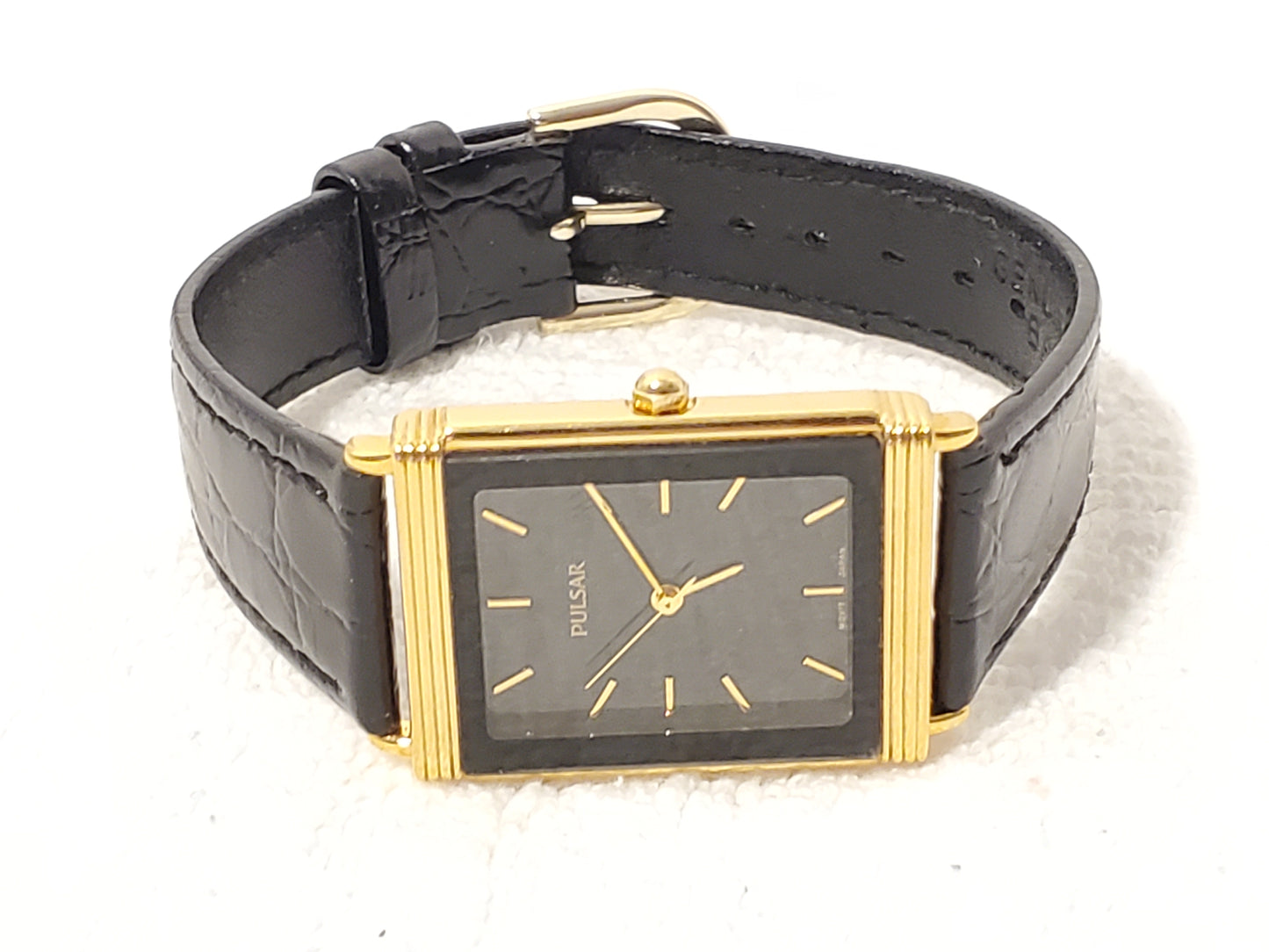 Vintage Pulsar by Seiko Women's Tank Gold Tone Watch Black Dial Leather Strap SS