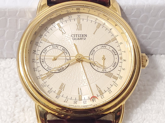 Vintage Citizen Men's Day Date Month Gold Plated Quartz Watch Brown Leather Band
