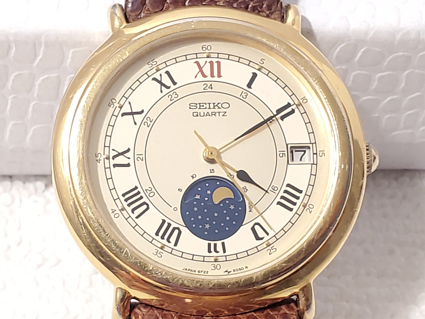Vintage Seiko Moon Phase Men's Date Gold Plated Watch One Jewel Leather Strap SS