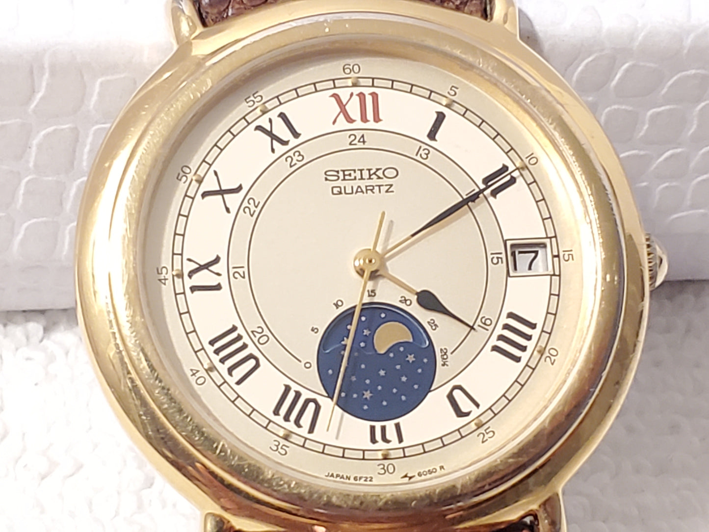 Vintage Seiko Moon Phase Men's Date Gold Plated Watch One Jewel Leather Strap SS