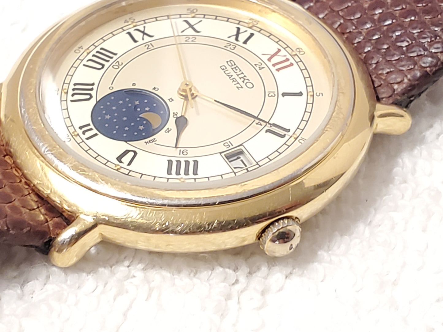 Vintage Seiko Moon Phase Men's Date Gold Plated Watch One Jewel Leather Strap SS