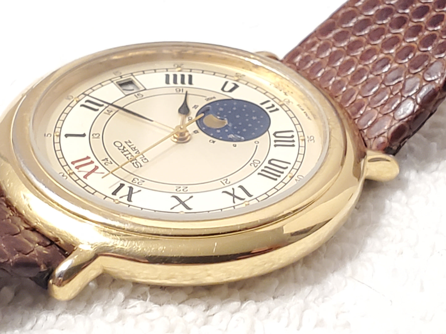 Vintage Seiko Moon Phase Men's Date Gold Plated Watch One Jewel Leather Strap SS