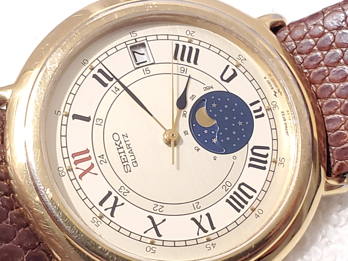 Vintage Seiko Moon Phase Men's Date Gold Plated Watch One Jewel Leather Strap SS