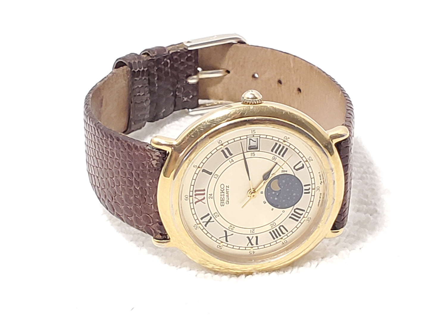 Vintage Seiko Moon Phase Men's Date Gold Plated Watch One Jewel Leather Strap SS