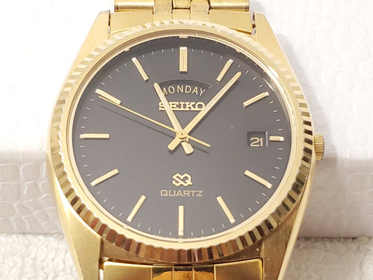 Vintage Seiko SQ Men's Gold Tone Presidential Day Date Watch Black Dial 1 Jewel