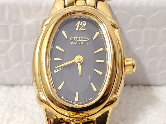 Vintage Citizen Eco Drive Women’s Gold Plated Black Dial Watch Stainless Steel