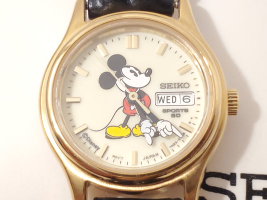 Vintage Seiko Mickey Mouse Women's Day Date Watch Gold Plated Black Leather Band