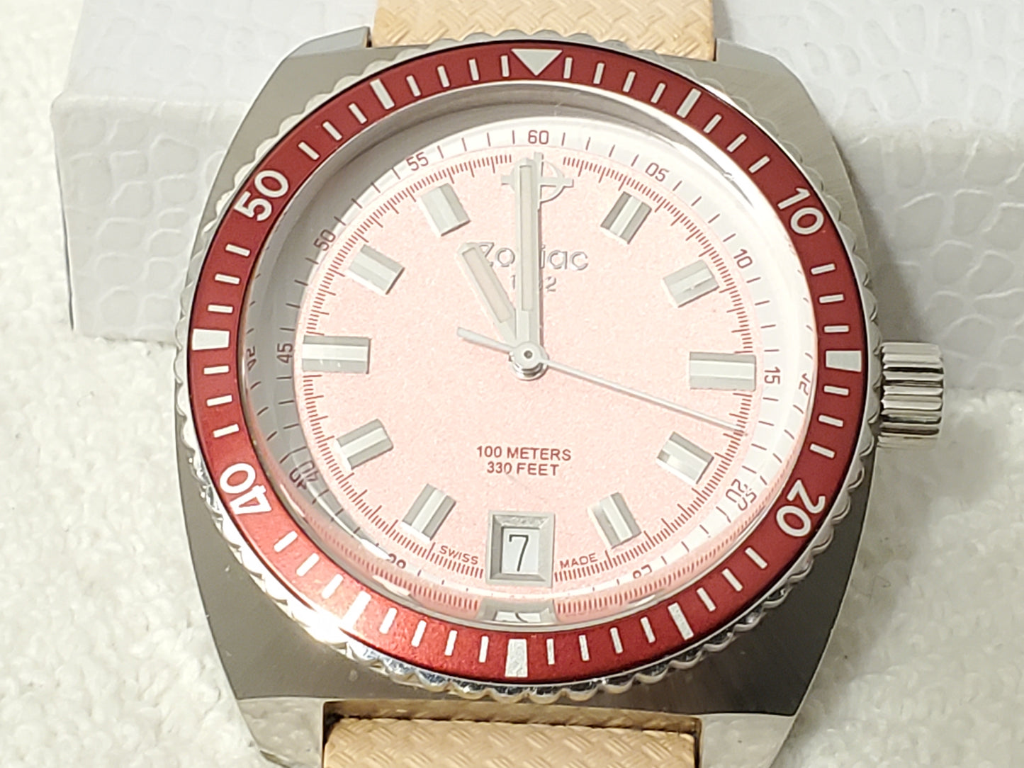 Zodiac Sea Dragon Women's Pink Date Swiss Made Watch Five Jewels Stainless Steel