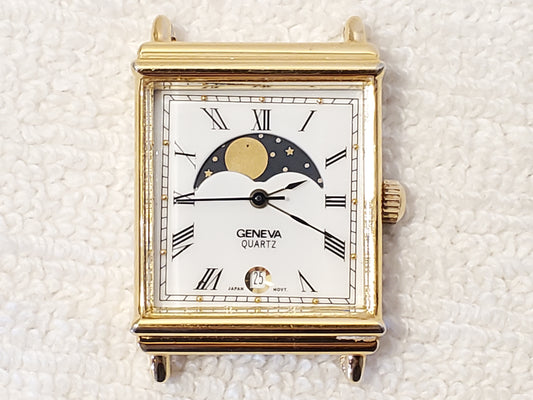 Vintage Geneva Women's Tank Date Moon Phase Quartz Watch Gold Tone One Jewel SS