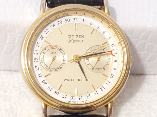 Vintage Citizen Elegance Men's Day Date Month Gold Tone Watch Black Leather Band