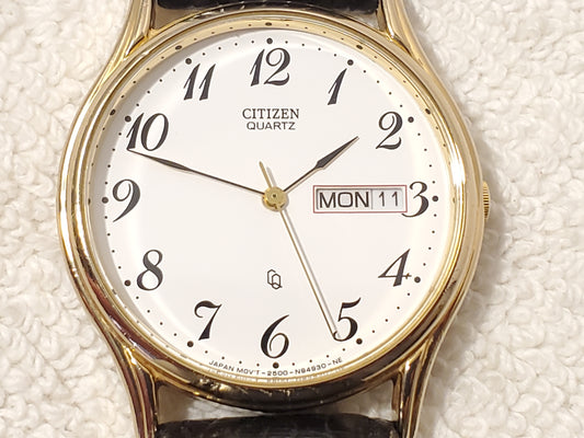 Vintage Citizen CQ Men's Day Date Gold Tone Watch White Dial Black Leather Strap
