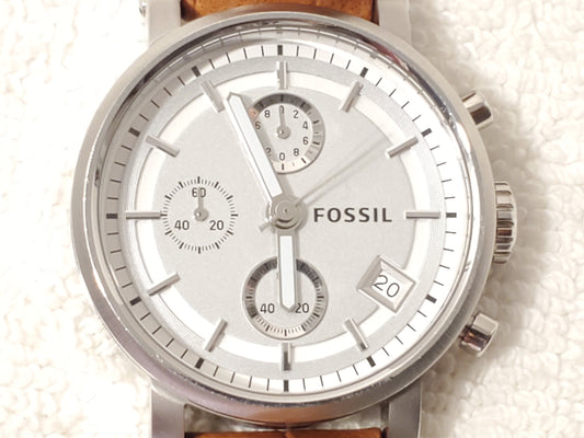 Vintage Fossil Women's Stainless Steel Chronograph Date Watch Brown Leather Band