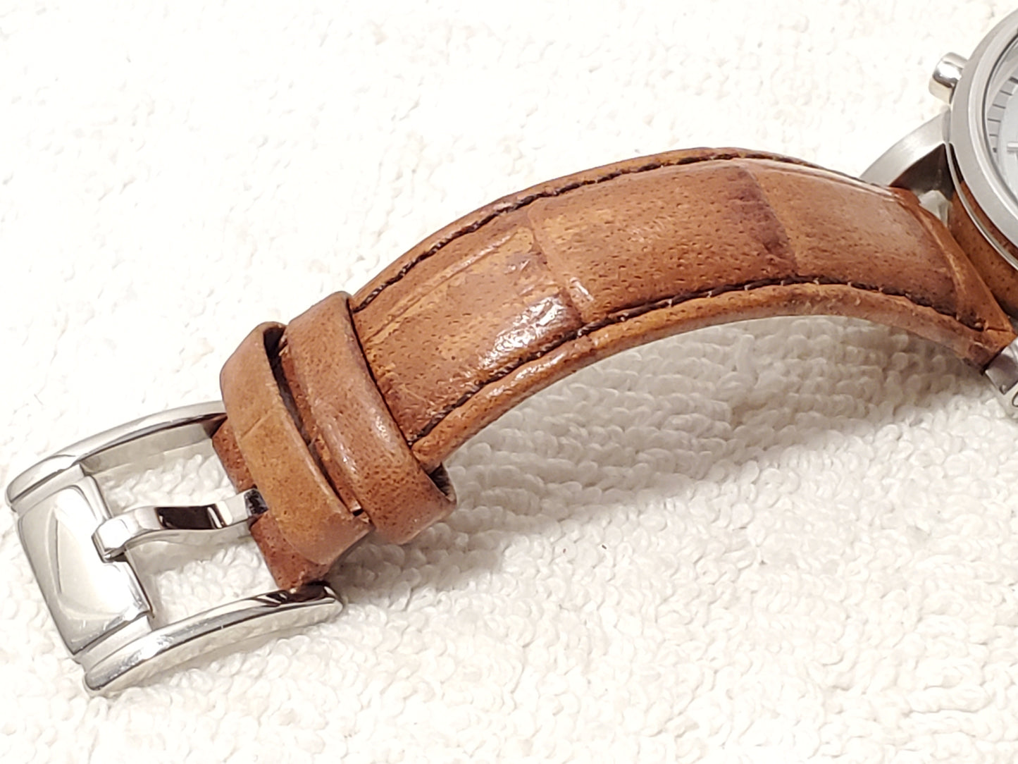 Vintage Fossil Women's Stainless Steel Chronograph Date Watch Brown Leather Band